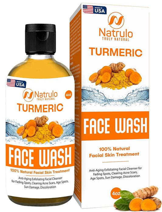 Natrulo Turmeric Face Wash, 4oz Clear Skin Liquid Soap – 100% Natural Anti Aging Exfoliating Turmeric Facial Cleanser for Fading Spots, Clearing Acne Scars, Age Spots, Sun Damage, Discoloration