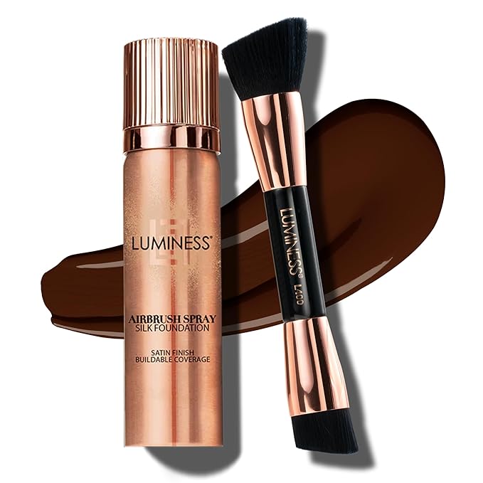 LUMINESS Silk Airbrush Spray Foundation & Buffing Brush Kit – Full Coverage Foundation & Dual-Sided Buffing Brush - Buildable Coverage, Anti-Aging Formula Hydrates & Moisturizes (Shade - Light Rich)