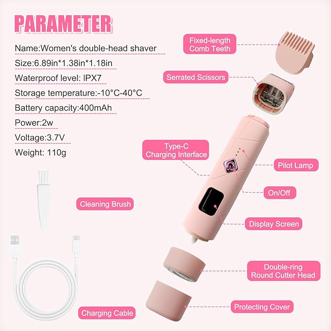 Bikini Trimmer for Women - 2 in 1 Women Electric Shaver Dual Head IPX7 Waterproof Wet & Dry Use Body Hair Trimmer and Facial Hair Remover for Bikini Underarm Leg Arm Body Face, Pink