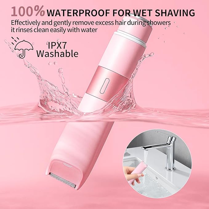 Bikini Trimmer for Women - 2 in 1 Painless Electric Razors for Women, IPX7 Waterproof Rechargeable LED Dual Head Electric Shaver for Lady Bikini Underarm, Body, Leg, Face Hair Remove - Pink
