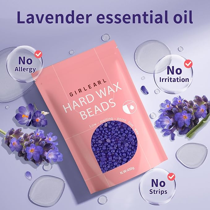 Hard Wax Beads, Wax for Women Sensitive Skin, 1lb, Lavender Formula, Hair Removal for Legs, Brazilian Bikini, Eyebrow, Facial and Full Body