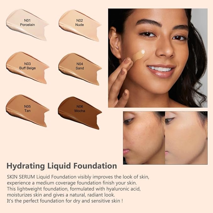MAEPEOR Hydrating Foundation 6 Colors Full Coverage Liquid Foundation Naturally Mattle Oil-Control Foundation for All Skin Tone (01 Porcelain)