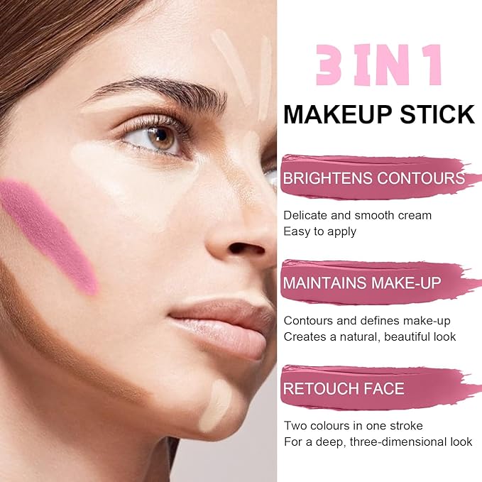 6 Colors Cream Contour Stick Makeup Kit, Shades with Highlighter Stick, Blush Stick and Double-End Bronzer Stick for Sculpt the Cheeks, Waterproof,Dewy & Matte Finish for Beginners (6 COLORS SET B)