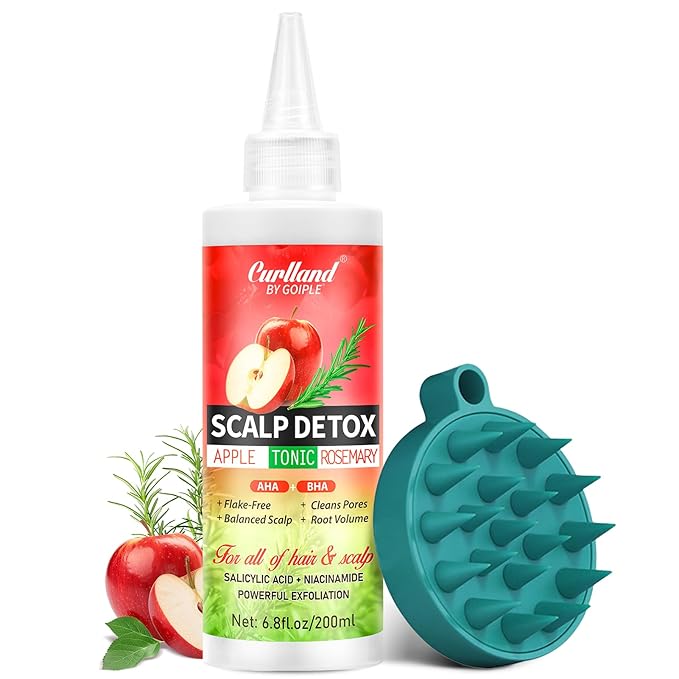 Rosemary & Apple Scalp Exfoliating Tonic - Scalp Detox Serum Deep Cleansing & Clarifying Treatment for Buildup, Dry Flaky Scalps - Soft Silicone Hair Scalps Massager Shampoo Brush for All Hair Types