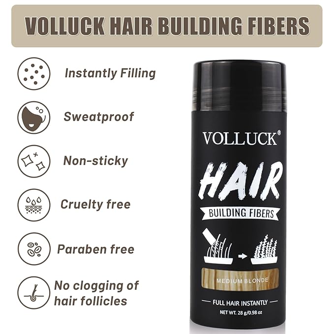 VOLLUCK Hair Fibers for Thinning Hair, Instant Coverage Hair Building Fibers for Women and men, Natural Hair Powder for Conceal Hair Loss 28 g (Medium Blonde)