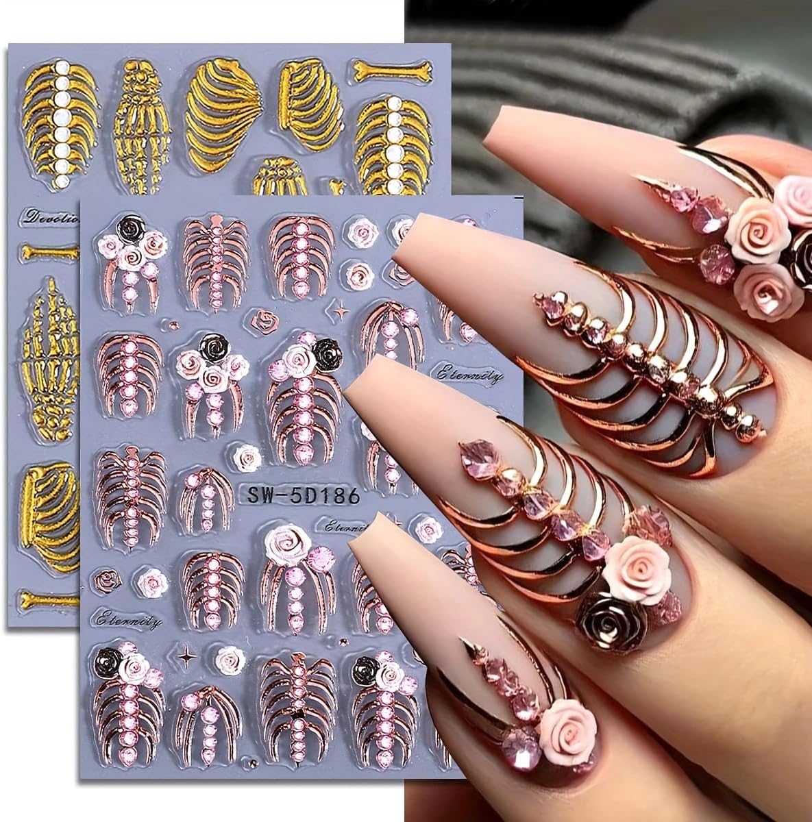 2 Sheets 5D Embossed Skull & Bone Nail Decals for Nail Art Self-Adhesive Halloween Nail Stickers Pink Hand Bone Rose Flower Nail Art Stickers Scary Gold Bones Design Decals for Women Nail Accessories
