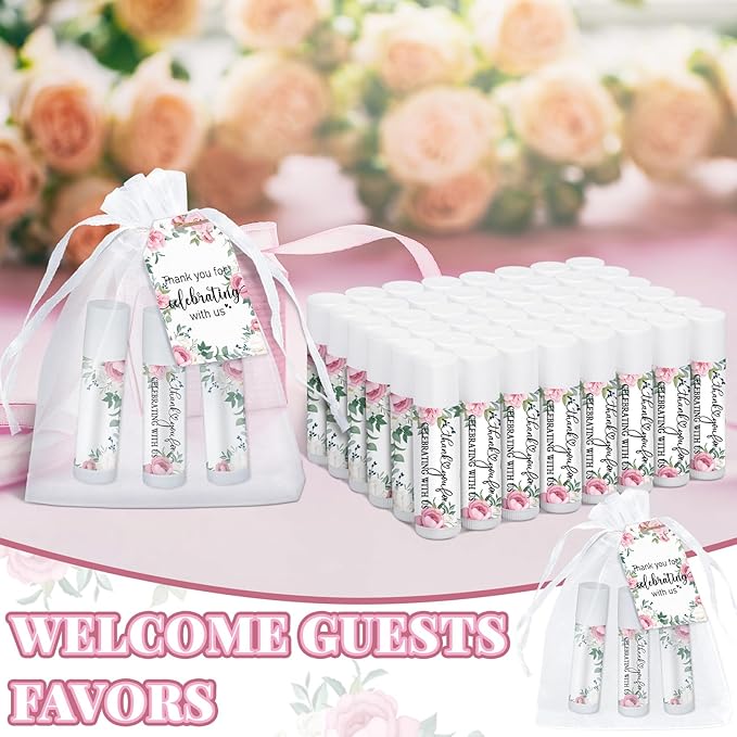 Dunzy 50 Pack Bridal Shower Favors Gifts Bulk Lip Balms Peony Wedding Favors Bachelorette Baby Shower Favor Prizes Souvenirs Thank You Appreciation Gifts for Guests Women Coworker Staff