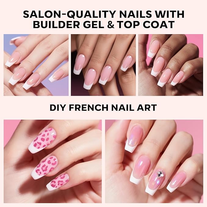 Gel Nail Kit, Top Coat, Nail Builder Gel and Nail Glue for Nail Tips, Press On Nails Kit with LED Light, 150 PCS Long Pink Square, 15 Sizes French Tip Press on Nails