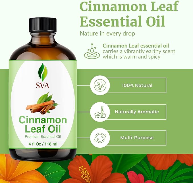 SVA Cinnamon Leaf Essential Oil – 4 Fl Oz – 100% Natural Cinnamon Oil - for Diffuser, Hair Care, Face, Skin Care, Aromatherapy, Scalp and Body Massage, Soap and Candle Making – with Dropper