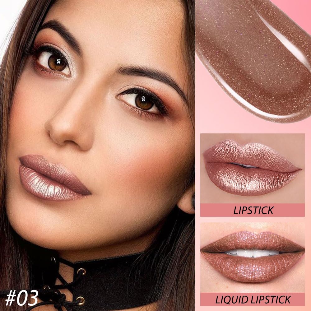 evpct 2 in 1 Nude Brown Glitter Metallic Shimmer Diamond Lipstick and Lip Gloss Set for Women Long Lasting Waterproof, Bronze Gold Sparkle Glitter Shiny Lipstick and Lip Liner Makeup Set, 03#