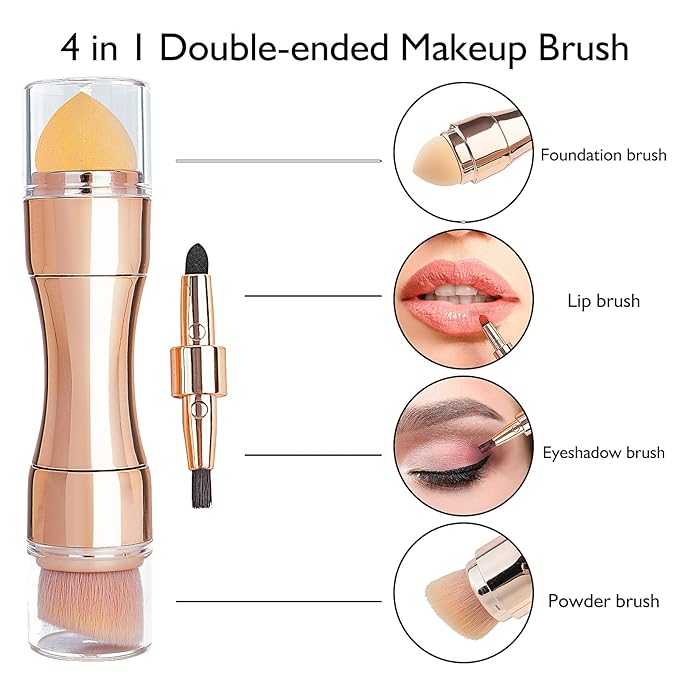 kullder 4 in 1 Makeup Brush Travel Makeup Brushes Blend Sponge, Eyebrow, Eyeshadow & Blush Brushes for Foundation Concealer Double Ended Makeup Brush with Powder Puff Women Ideal Gifts