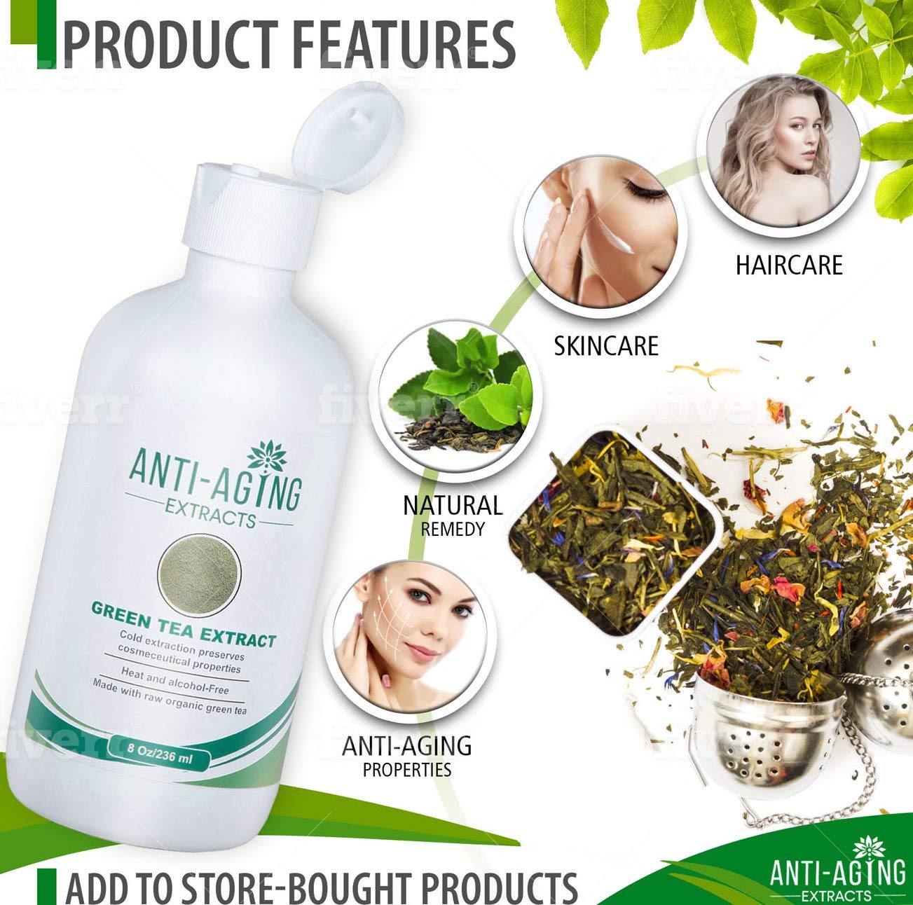 Pure Green Tea Extract for Skin and Hair – Cold-Processed Antioxidant, Polyphenol & EGCG Serum with USDA Organic Leaves – Natural - Alcohol-Free - 8 fl oz