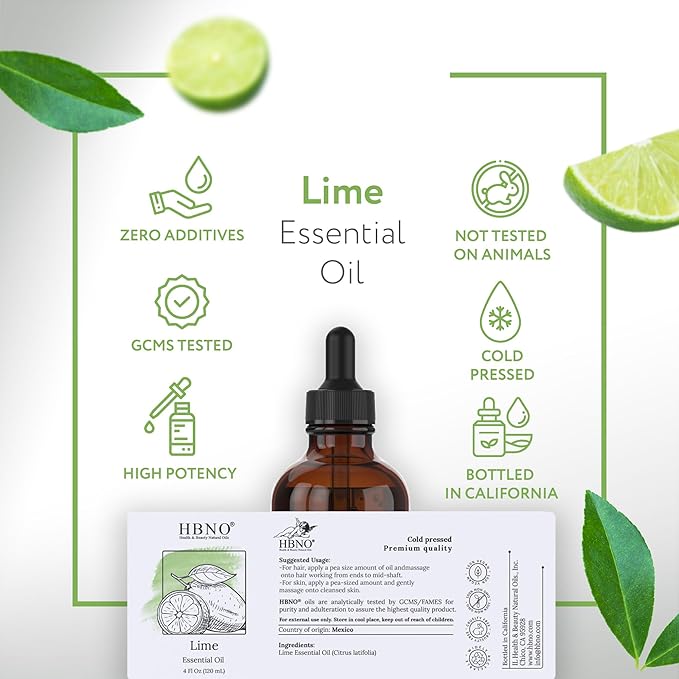 HBNO Lime Essential Oil - Huge 4 oz (120ml) Value Size - Natural Lime Oil, Cold Pressed - Perfect for Cleaning, Aromatherapy, DIY, Soap & Diffuser