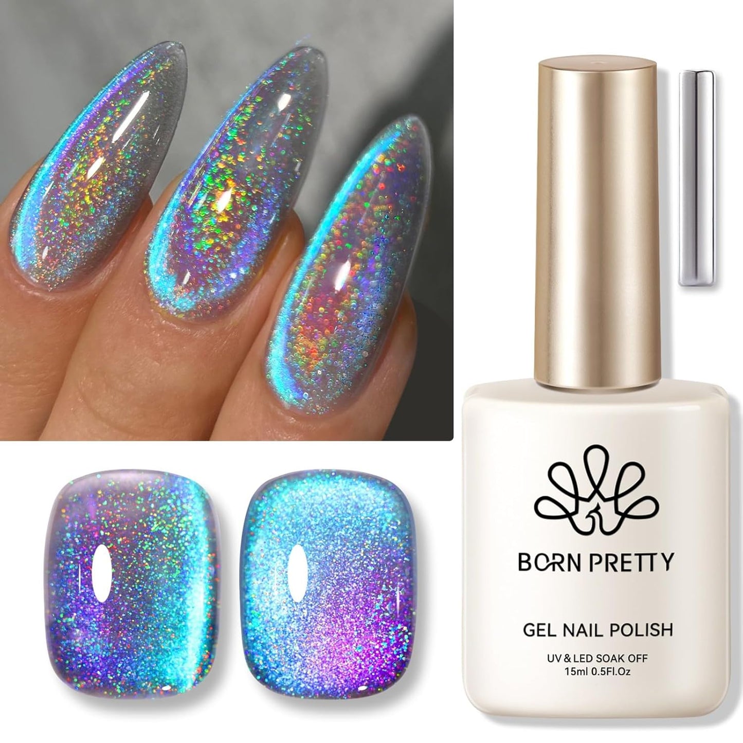 Born Pretty 9D Cat Magnetic Eye Gel Nail Polish Holographic Rainbow Gel Polish Blue Purple Soak Off U V LED Gel Polish Nail Art Design Manicure Salon DIY Home 15ML