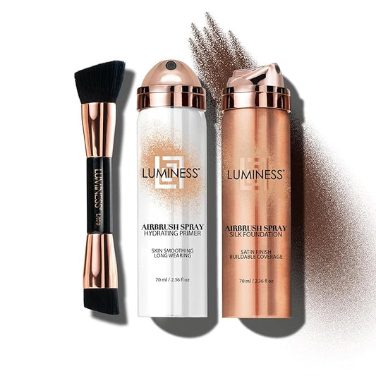LUMINESS Airbrush Spray Silk Foundation Starter Kit - Rich Dark - Foundation, Primer & Dual-Sided Angled Buffing Brush - Medium, Buildable Coverage, Anti-Aging Formula Hydrates & Moisturizes