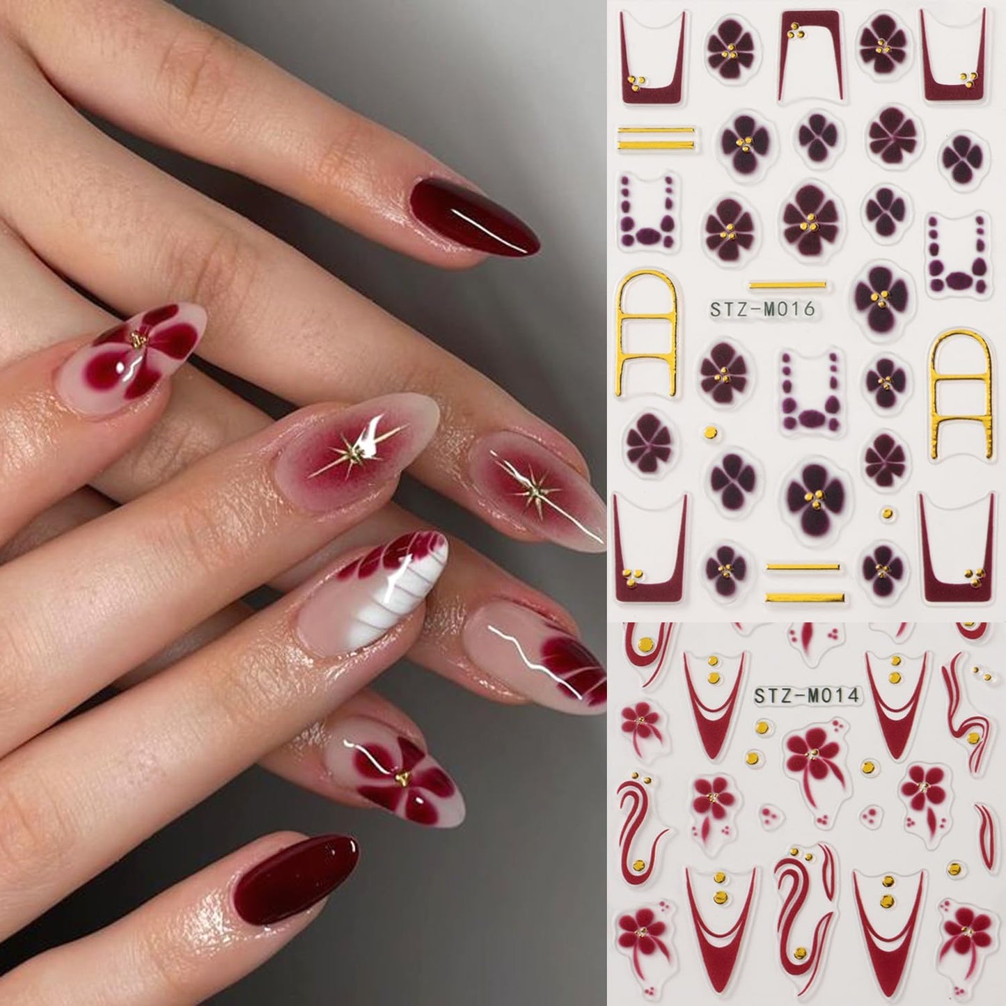 4Pcs Flower Nail Stickers for Nail Art - French Nail Art Stickers Autumn Winter Wine Red Brown Blue Floral Leopard Print Pattern 3D Self-Adhesive Nails Sliders Flowers Sticker for Nails Decoration