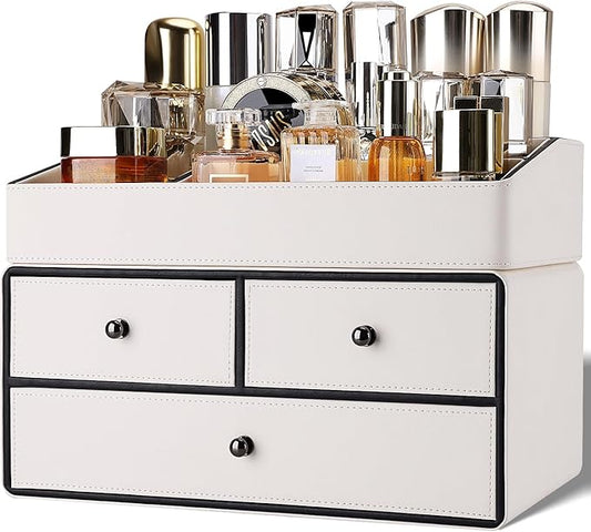 GORESE Leather Makeup Organizer with Drawers for Vanity, Stackable Skincare Holder Dresser Organizer Countertop, Make Up Storage Organizers Counter Cosmetic Display Case Gifts for Women(Cream White)