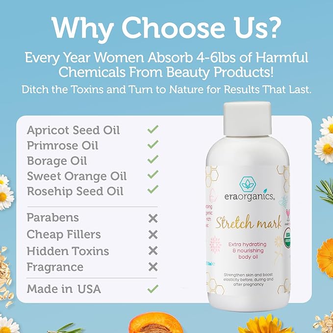 Era Organics Organic Stretch Mark Oil for Pregnancy - Extra Moisturizing Belly Oil for Pregnancy - Pregnancy Oil to Prevent Stretch Marks - Pregnancy Must Haves