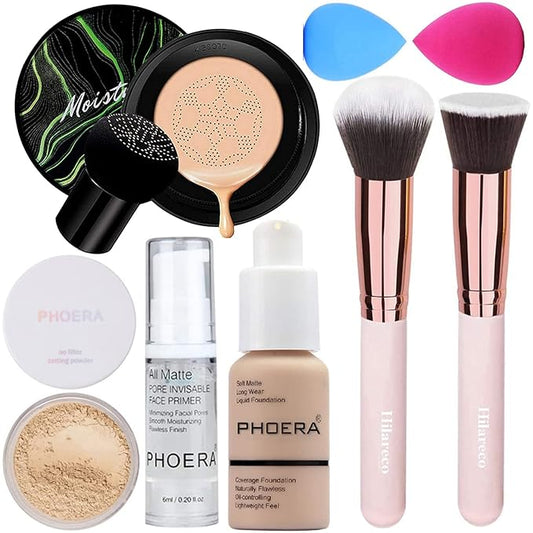 PHOERA Foundation Full Coverage Makeup, Mushroom Head Air Cushion CC Cream Natural Foundation, PHOERA Primer, PHOERA Powder, Brushes Foundation Brush,2 Makeup Spong (104 Buff Beige + 04Buff Beige CC)