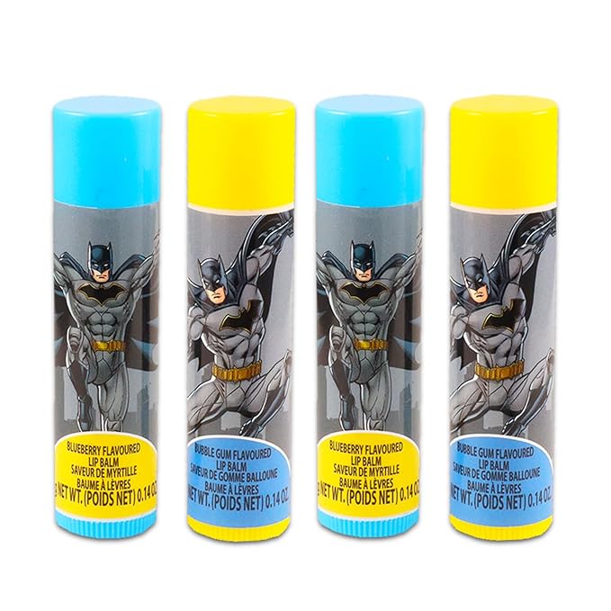 Batman Lip Balm Tube Bundle for Kids – 4 Pack of Batman Lip Balm in Assorted Flavors Plus Stickers for Boys and Girls | Batman Party Favors