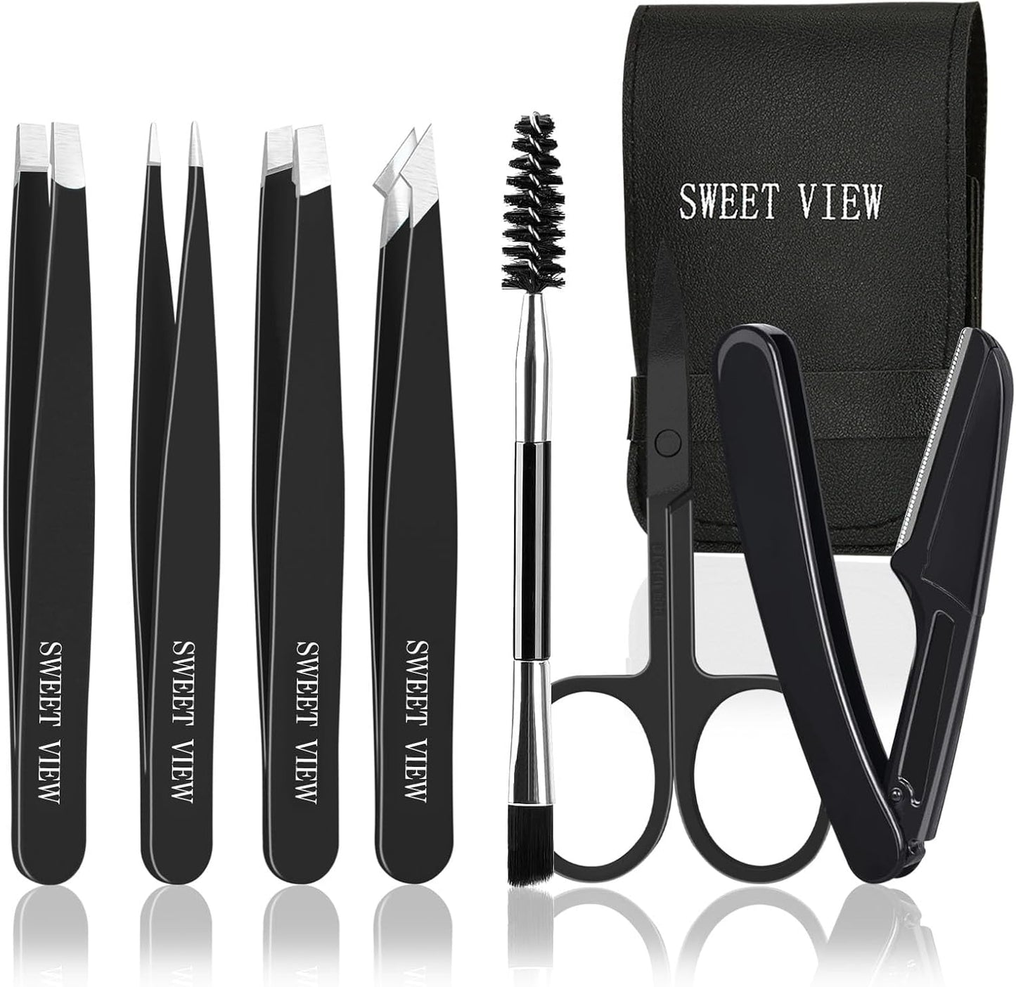 7pcs Eyebrow Tweezers Kit for Women Precision Plucker with Brow Scissors & Razor & Spoolie for Facial, Chin, Brow, Splinter and Ingrown Hair