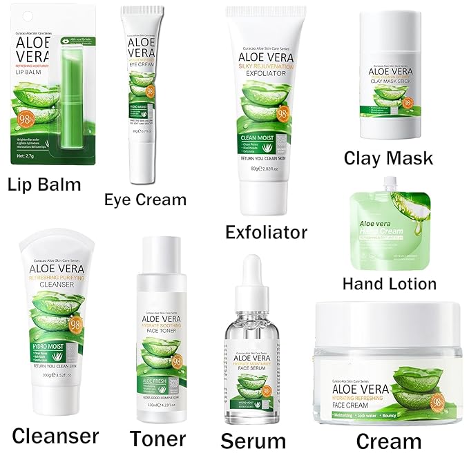 9Pcs Skin Care Products Set, Skin Care Gift Set for Women Girls, Aloe Vera Skin Care Sets, Face Care Kit with Cleanser, Clay Mask, Toner, Serum, Lip Balm, Eye Cream, Moisturizer, Hand Lotion