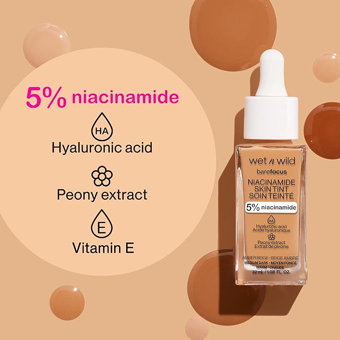 wet n wild Bare Focus Skin Tint, 5% Niacinamide Enriched, Buildable Sheer Lightweight Coverage, Natural Radiant Finish, Hyaluronic & Vitamin Hydration Boost, Cruelty-Free & Vegan - Mocha