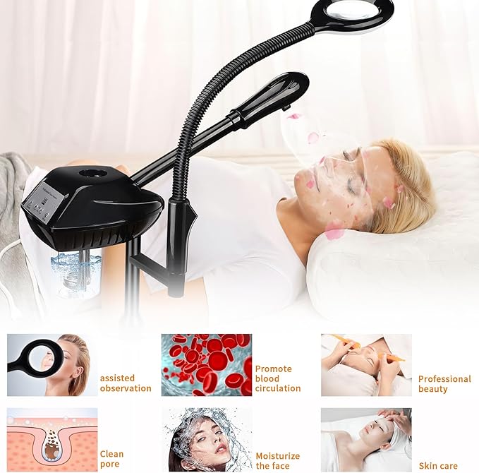 Facial Steamer for Ozone Humidifier Atomizer Attach 5× Magnifier and Light, Professional Face Steamer Clean Skin Firming Pores and Moisturizing Suitable for a Beauty, Spa, at Home