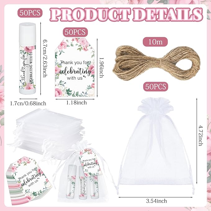 Dunzy 50 Pack Bridal Shower Favors Gifts Bulk Lip Balms Peony Wedding Favors Bachelorette Baby Shower Favor Prizes Souvenirs Thank You Appreciation Gifts for Guests Women Coworker Staff