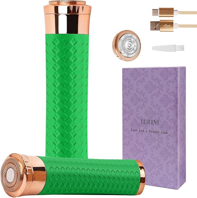 Facial Hair Remover for Women, Painless Rechargeable Hair Removal Device, Comes with 2 Replacement Heads, Portable Electric Shaver/Razors for Face, Chin, Upper Lip, arms (Green)