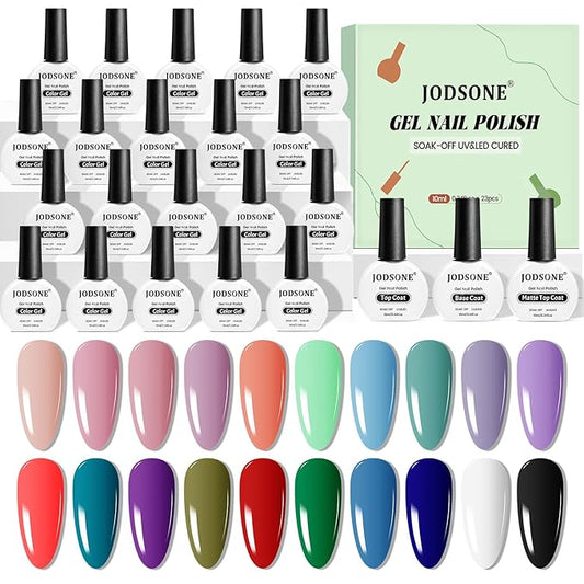 JODSONE Gel Nail Polish 20 Color Blue Red Matching Base Coat Glossy and Matte Top Coat 23 Bottles of 10ml Professional Nail Care Use
