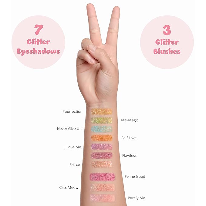 Expressions Perfectly Me Glisten & Glitter Makeup Palette 10 Color Eyeshadow Palette & Blush Makeup Novelty Beauty Set, Fold Out Compact with Mirror, Cute Makeup Kit Gifts - Washable, Non-Toxic