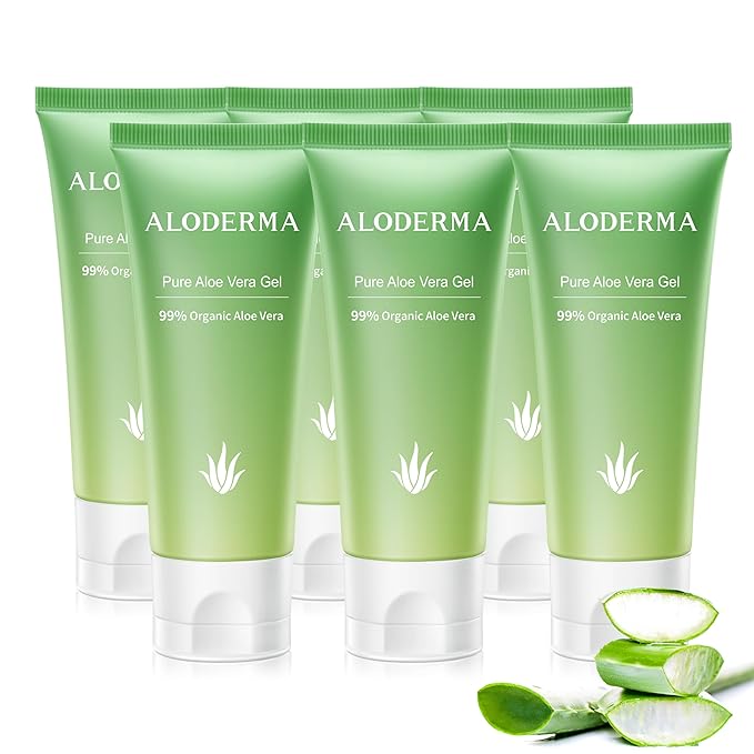 Aloderma 99% Organic Aloe Vera Gel Made within 12 Hours of Harvest, Easy Travel Size Tube for Body, Face, & Scalp, Cooling & Soothing Support for Skin & Sunburn, Hydrating Aloe Gel, 1.5oz - 6ct