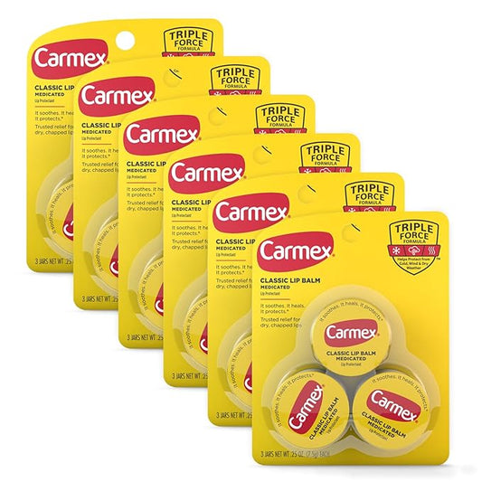 Carmex Medicated Lip Balm Jar, Lip Moisturizer for Dry, Chapped Lips, 0.25 OZ - (6 Packs of 3)