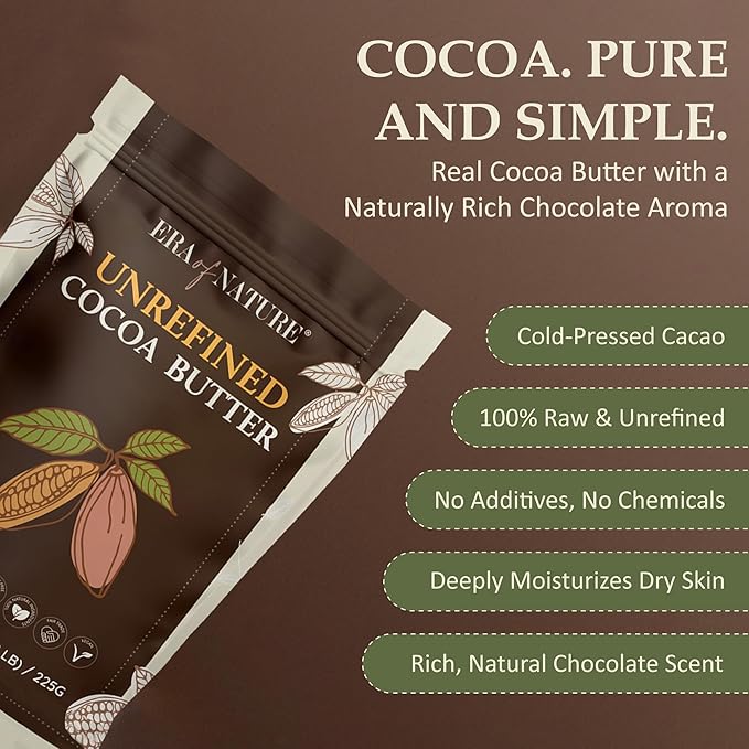 Era of Nature Cocoa Butter Raw – 100% Pure & Unrefined, Cold-Pressed Cacao – For DIY Skincare & Haircare – Deep Hydration for Skin, Hair, Lips – Stretch Mark & Scar Care – Natural Chocolate Scent, 8oz