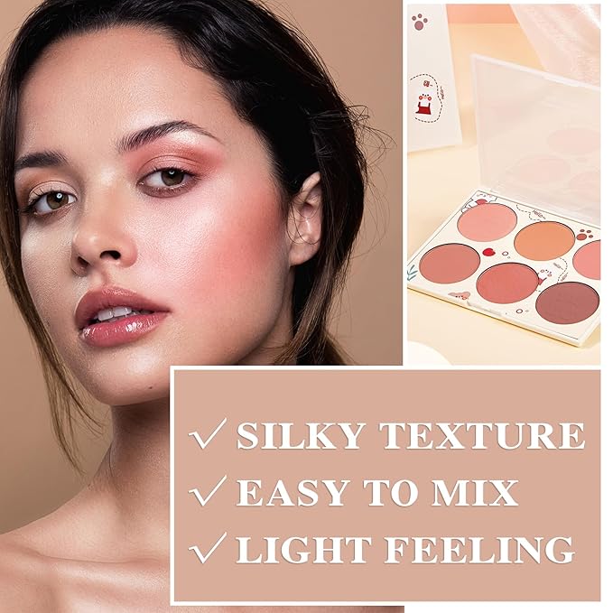 6 Colors Blush Palette,Matte Contour Makeup Blush for Cheeks,Waterproofing Highly Pigmented Face Cheek Blusher with Make Up Brush A3
