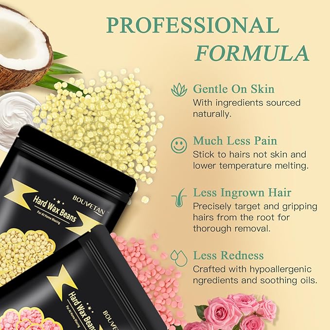 Hard Wax Beads for Hair Removal, Bouvetan 1.3Lb/21oz Wax Beans for Brazilian Waxing, Eyebrow, Face, Bikini, Legs, Arms for Women Men Hair Removal with 10pcs Sticks, 6 Packs
