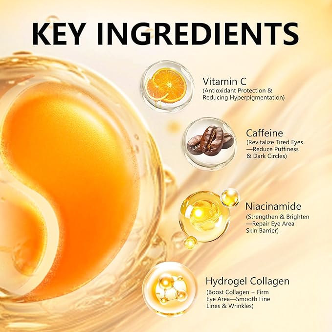Under Eye Patches with Vitamin C & Caffeine 30 Pairs for Dark Circles, Fine Lines and Puffiness, with Niacinamide Hydra-Gel Collagen, Skin Care for Men & Women