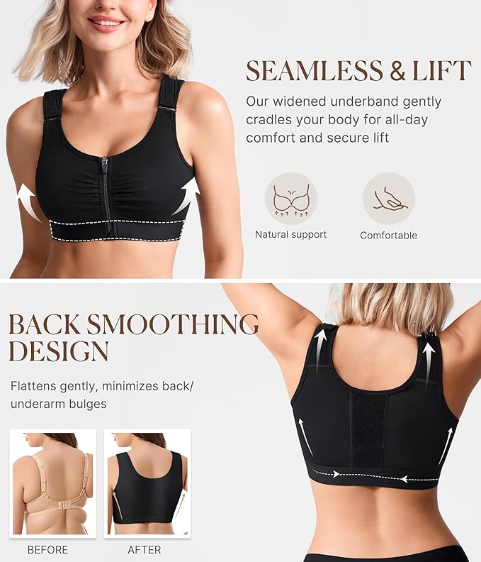 BRABIC Zip Front Closure Everyday Bra for Women Post Surgery Compression Support with Adjustable Straps Wirefree
