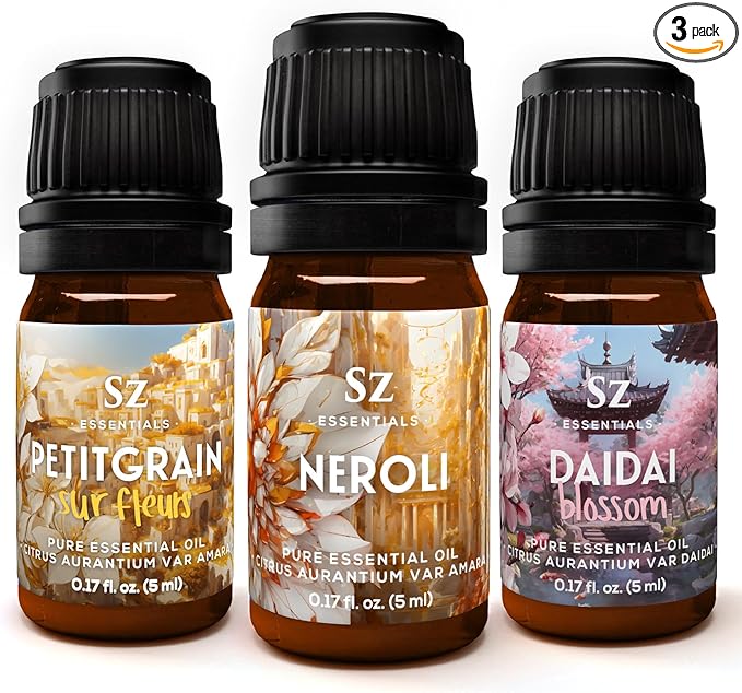 Neroli Soul Trip Essential Oils Collection- Neroli + Petitgrain Sur Fleurs + Dai Dai Blossom -Set of 3 Bottles (0.17 Fl Oz- 5ml each)- 100% Pure & Undiluted - Therapeutic Grade & Vegan