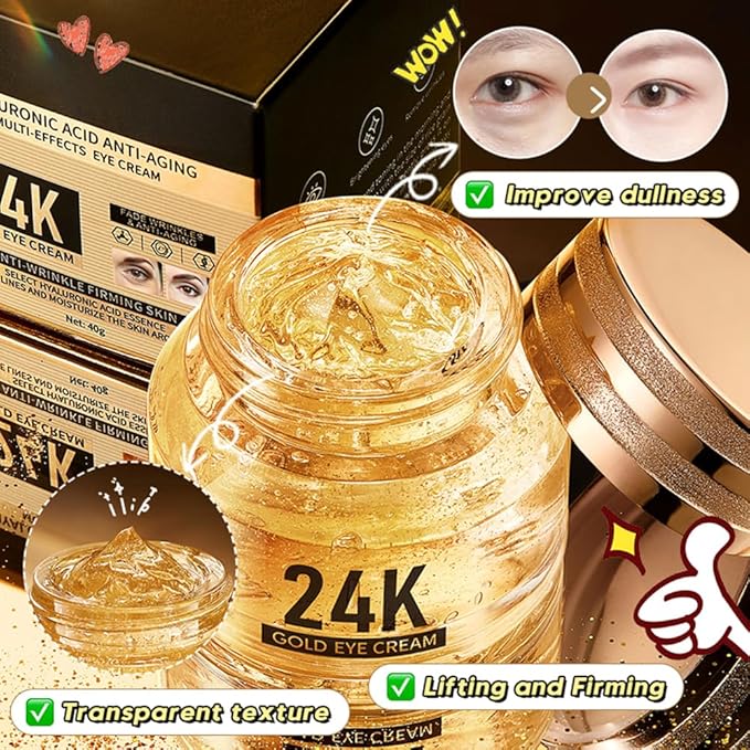 24K Gold Hyaluronic Acid Anti-Aging Multi-Effects Eye Cream - For Dark Circles & Fine Lines - With Hyaluronic Acid & Ingredient Gold, 1.4 Oz