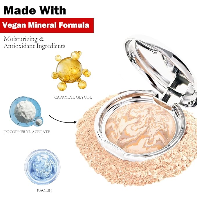 Marbleized Baked Foundation Makeup, Balance and Brighten Color Correcting Powder Foundation - Buildable Light to Medium Coverage - Demi-Matte Natural Finish (#001 FAIR, 0.32 Oz)