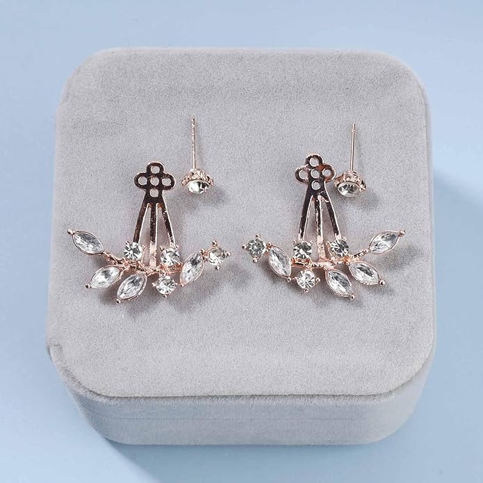 Boho Crystal Leaf Ear Jackets Earrings Gold Cz Crystal Earrings Rhinestone Front Back Studs Earrings Minimalist Earrings Jewelry for Women and Girls Gifts