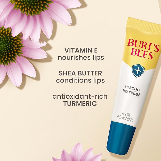 Burt's Bees Rescue Lip Relief Lip Balm, With Shea Butter and Echinacea, Tint-Free, Natural Origin Lip Care, 3 Tubes, 0.35 oz.