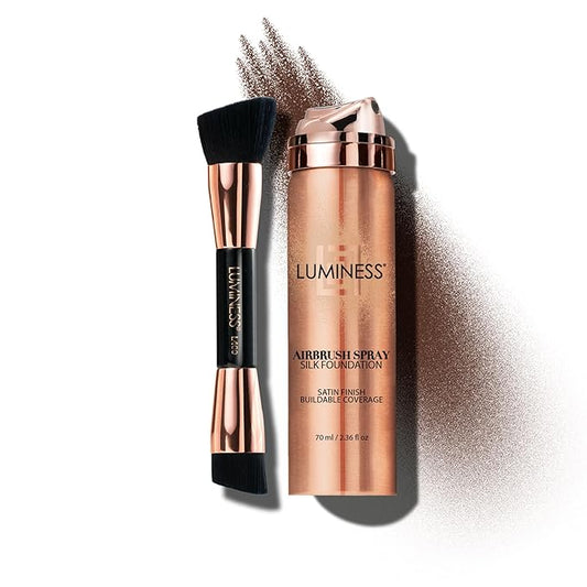 LUMINESS Silk Airbrush Spray Foundation & Buffing Brush Kit – Full Coverage Foundation & Dual-Sided Buffing Brush - Buildable Coverage, Anti-Aging Formula Hydrates & Moisturizes (Shade - Rich Dark)