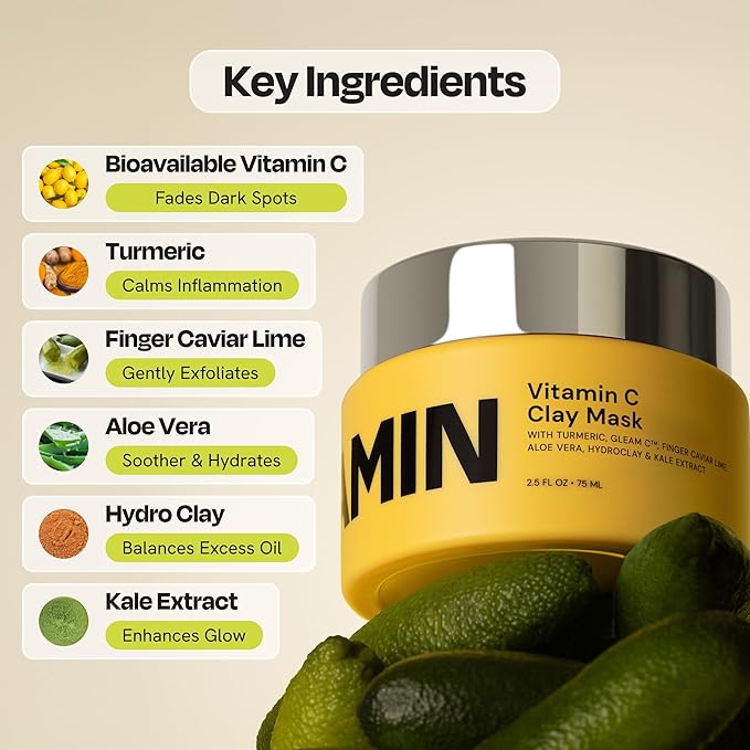 Gleamin Vitamin C Clay Mask for Dark Spots, Turmeric Clay Face Mask Skin Care, Deeply Cleanses & Refines Pores, Brightens Uneven Tone and Helps Improve Post-Blemish Scarring & Texture, Up to 20 Uses