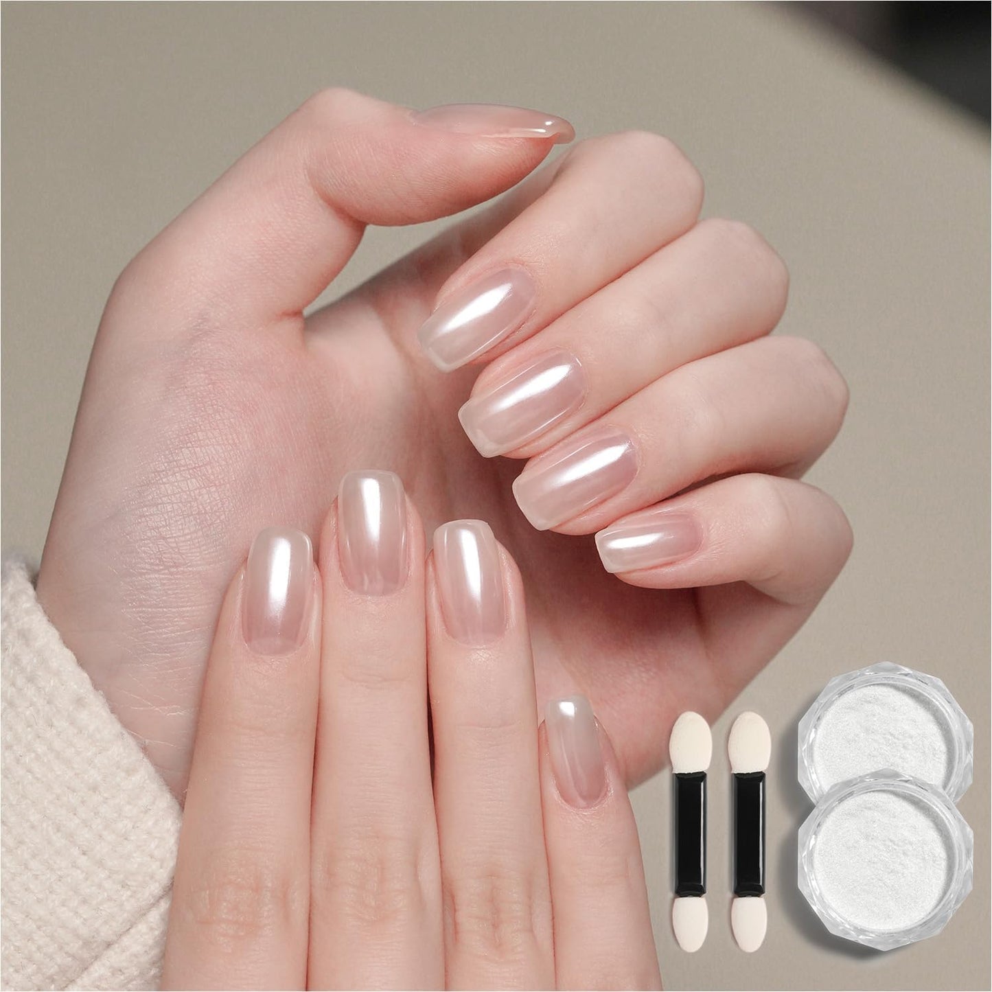 GAOY White Pearl Chrome Nail Powder, 2Pcs Mirror Effect Shimmer Glitter Pigment for Mermaid Aurora Nail Art, Iridescent Powder for Gel Polish & Manicure Decorations, Lustrous White