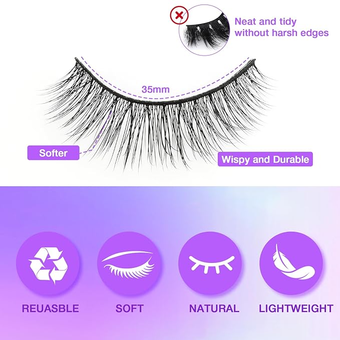 Wispy False Eyelashes Kit With Bond, Seal and Tweezer, 7 Pairs Natural Look Fake Cat Eye Lashes Strips Thin Band Extensions Waterproof Easy Eyelashes for Beginners RQ46