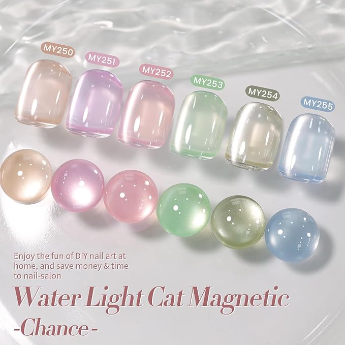 Born Pretty Pastel Magnetic Gel Nail Polish,Water Light Cat Magnetic Eye Gel Jelly Glass Crystal Nail Polish Glitter Shimmer Auroras Magnetic Gel Nail Art Manicure Kit 6PCS