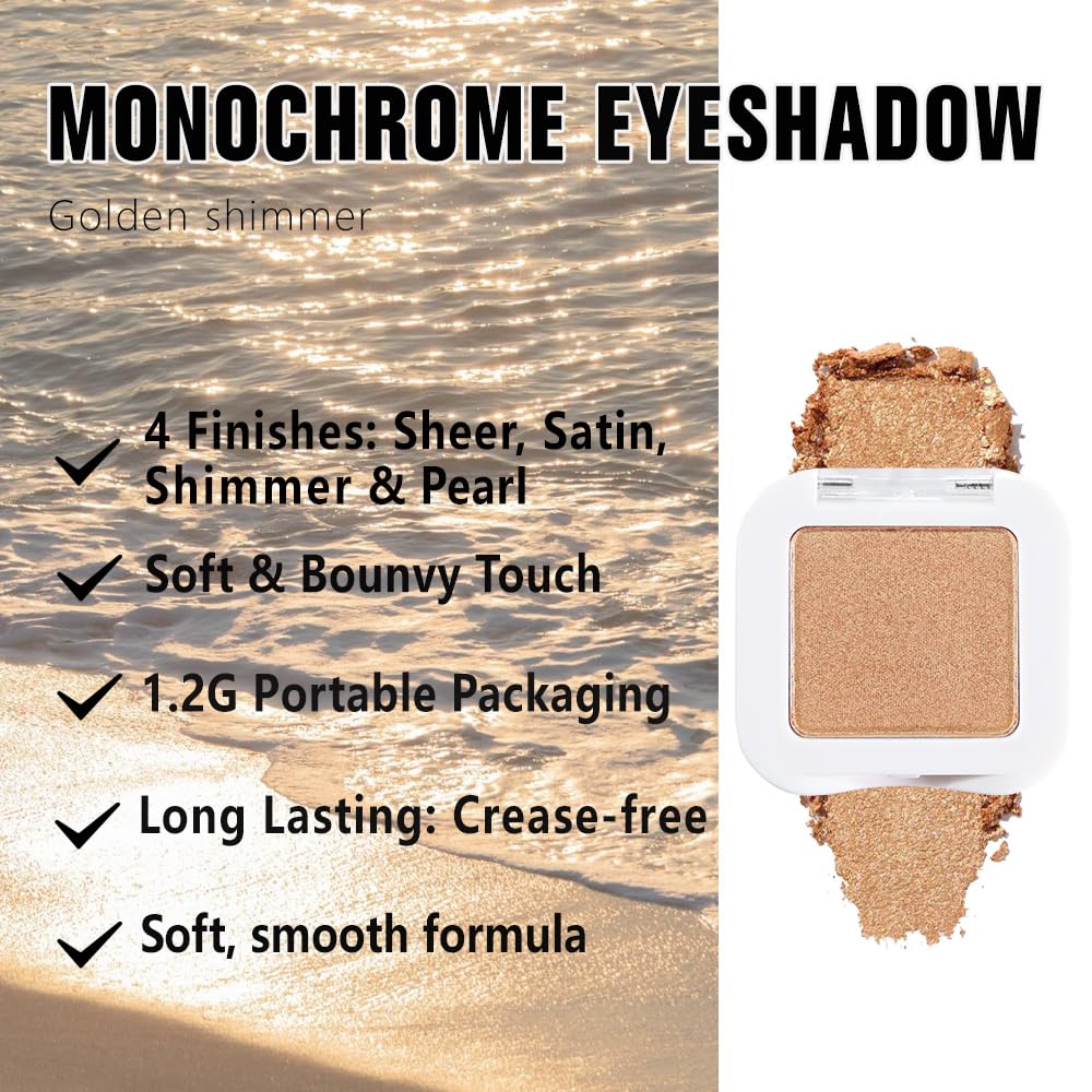 Glitter Single Eye Shadow Palette Makeup, Golden Sparkle Shimmer Monochrome Eyeshadow For Old Women, Mini Pressed Pigmented Waterproof Sombras Para Ojos,Vegan, Talc, Paraben&Cruelty Free, 06